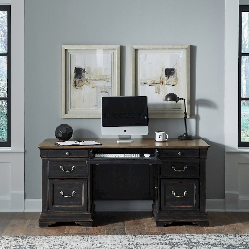 5 Piece Home Office Set with Desk, Credenza and Hutch - Aged Charcoal. Picture 3
