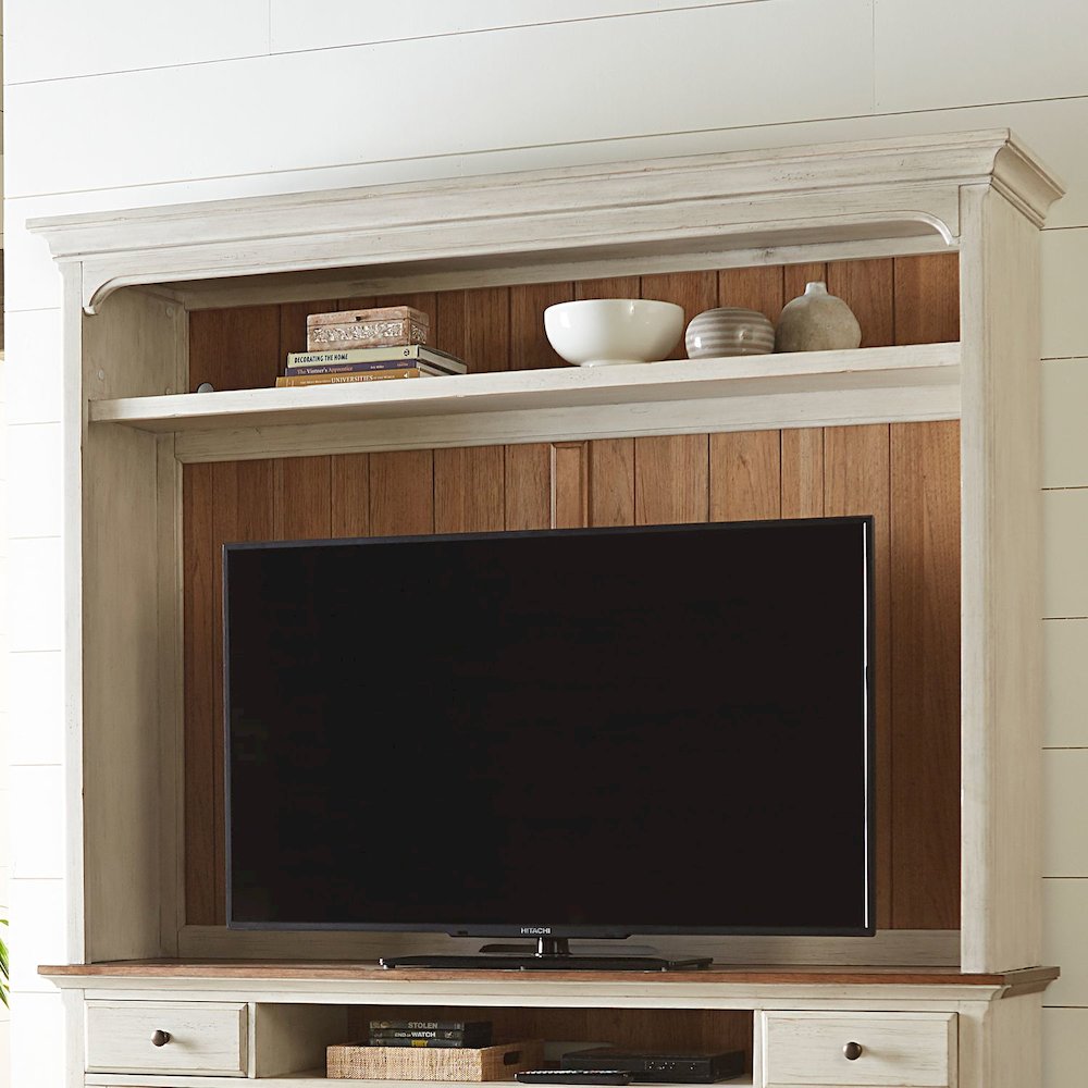 Farmhouse Reimagined Entertainment Center - Antique White with Chestnut Tops. Picture 4