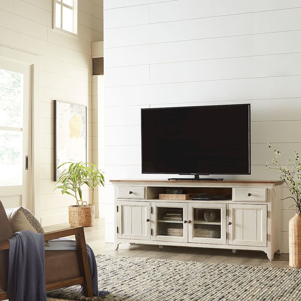 Farmhouse Reimagined Entertainment Center - Antique White with Chestnut Tops. Picture 5