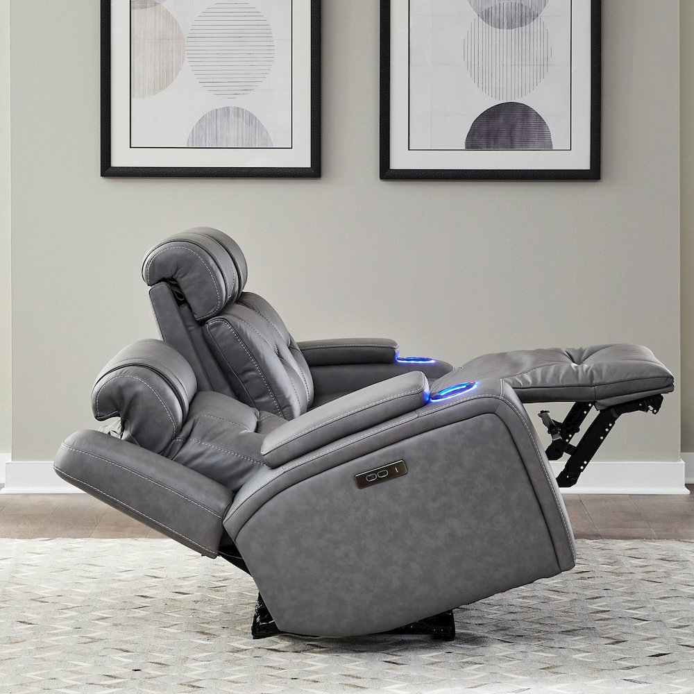 Power Recline Sofa & Loveseat with Charging Ports - Aline Blue Gray Leather. Picture 6
