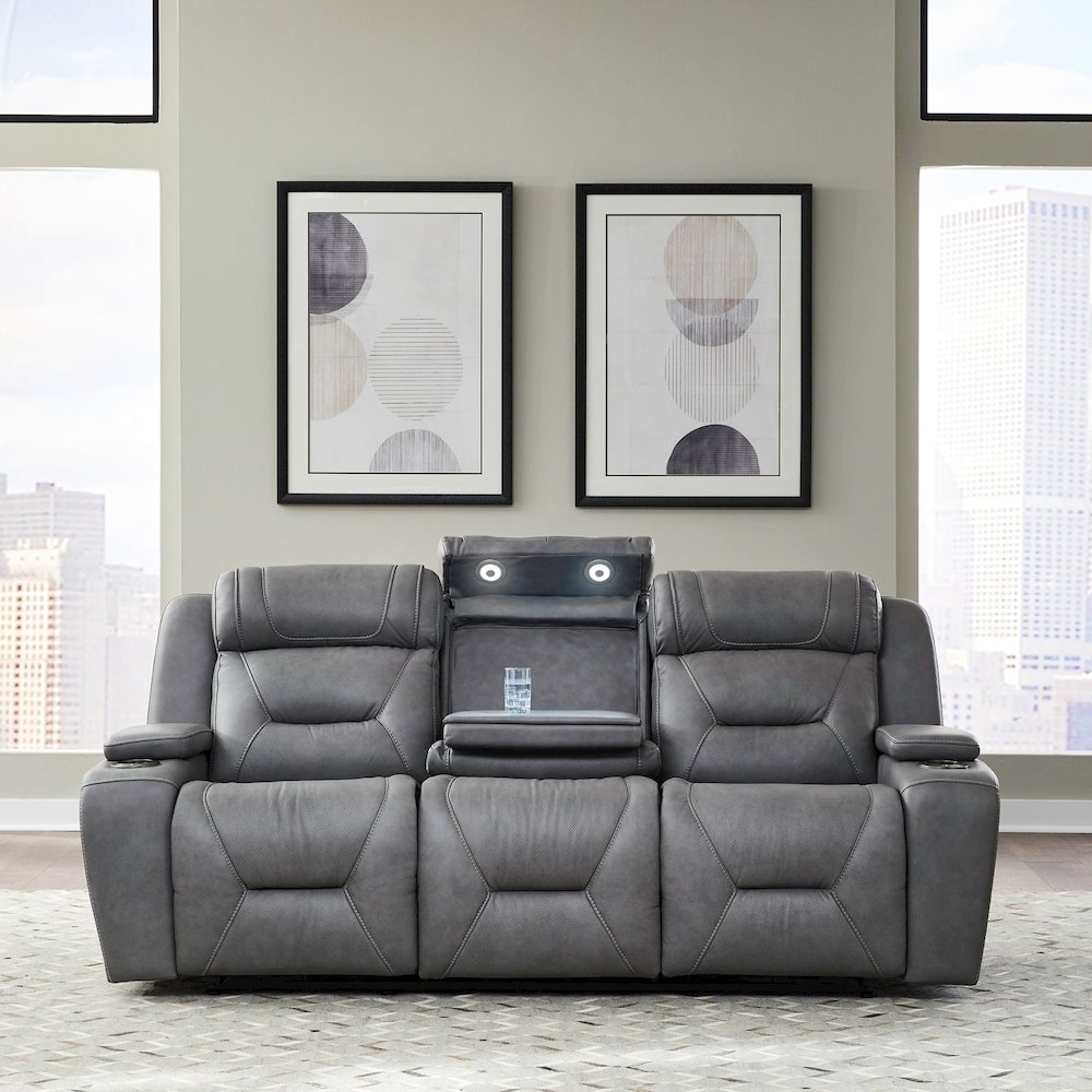 Power Recline Sofa & Loveseat with Charging Ports - Aline Blue Gray Leather. Picture 5