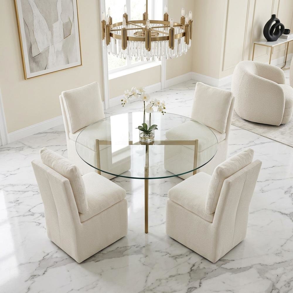 Solid Wood Upholstered Accent Dining Chair with Castors, Eclectic Style, White. Picture 2