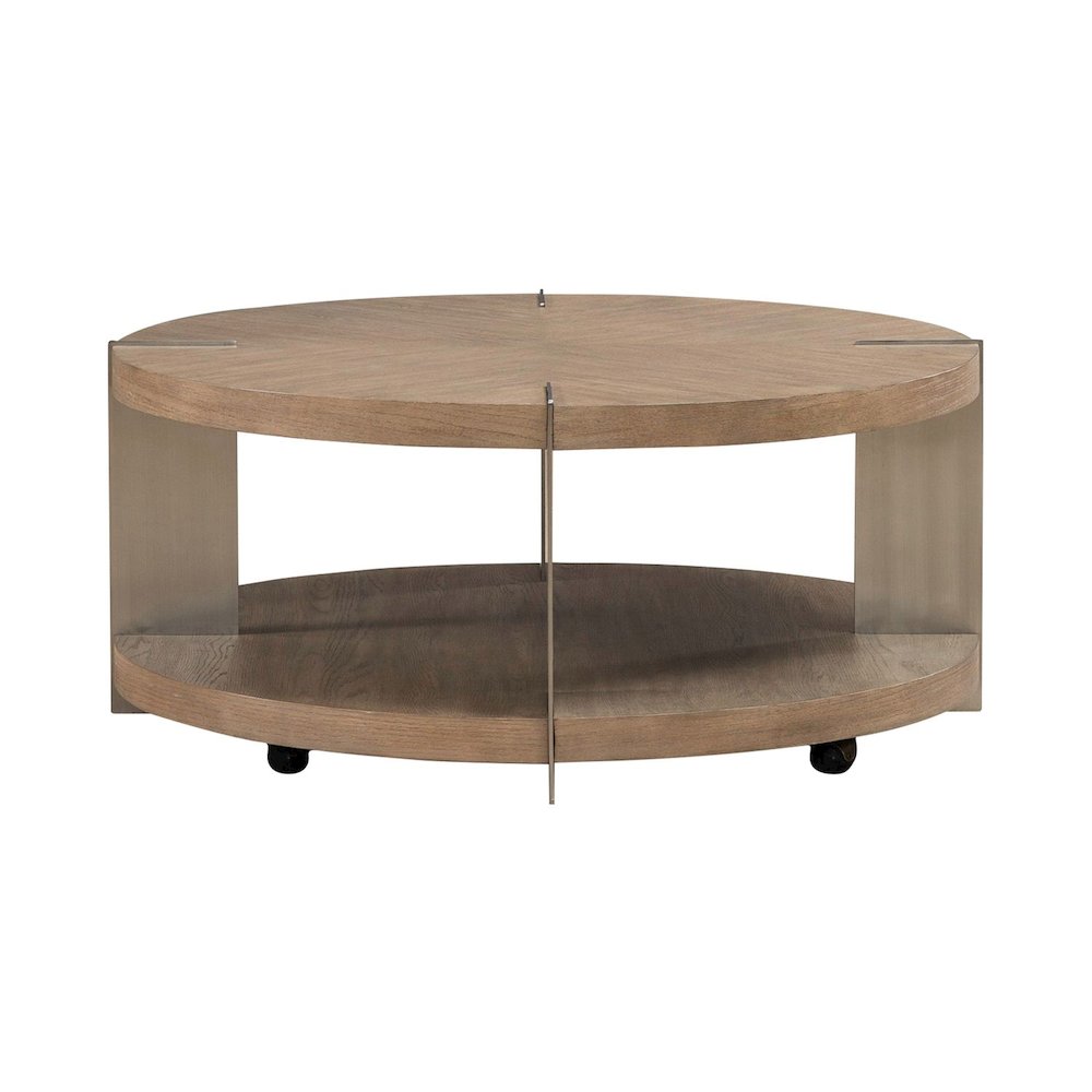 3 Piece Set - Round Cocktail Table, 2 End Tables - Sandstone & Satin Nickel. Picture 3