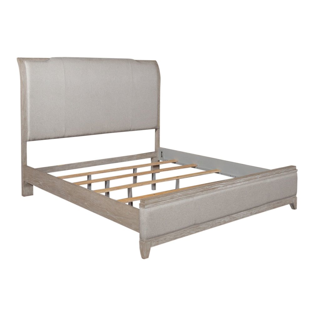 California King Bed, Dresser & Mirror, Chest - Washed Taupe & Silver Champagne. Picture 1
