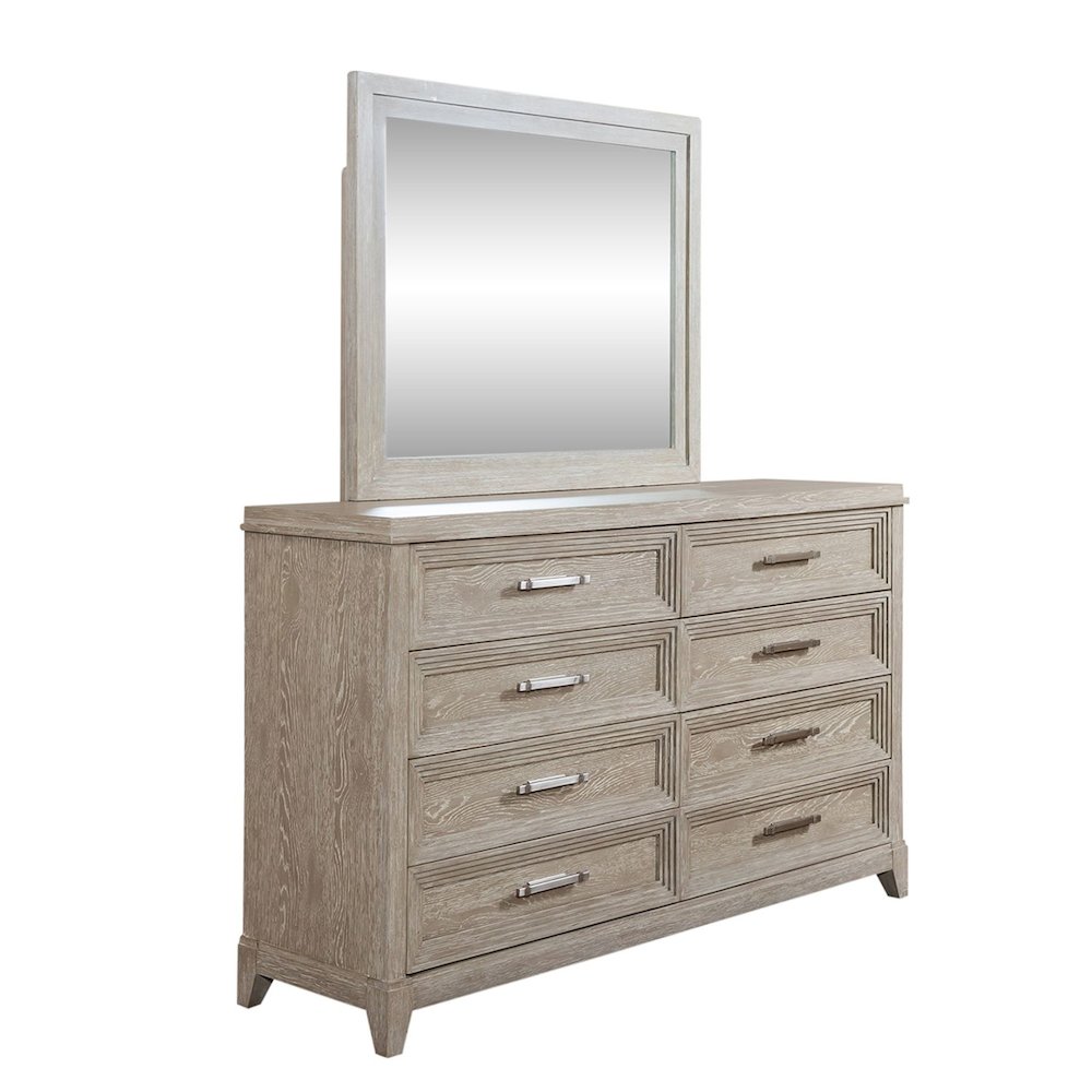 California King Bed, Dresser & Mirror, Chest - Washed Taupe & Silver Champagne. Picture 2