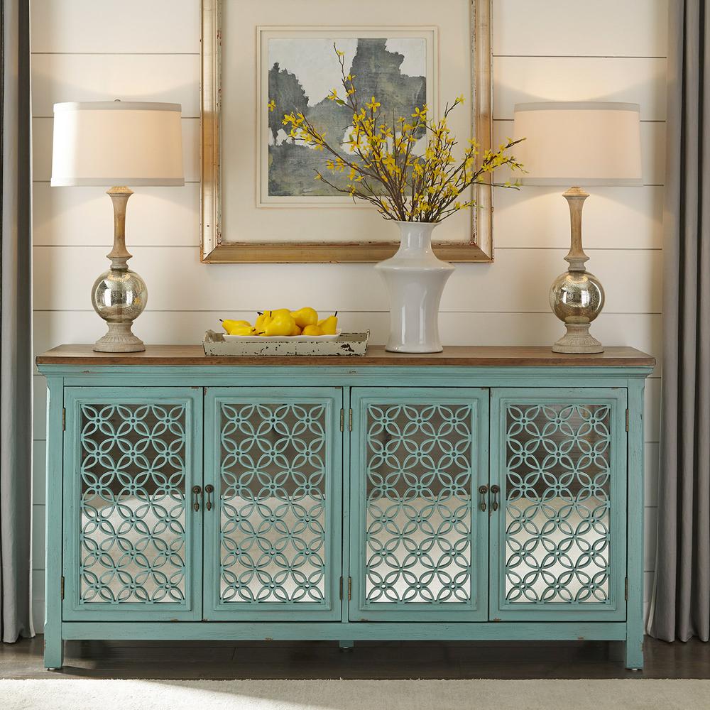 Kensington 4 Door Accent Cabinet in Turquoise w/ Worn Wood Tone Top. Picture 9