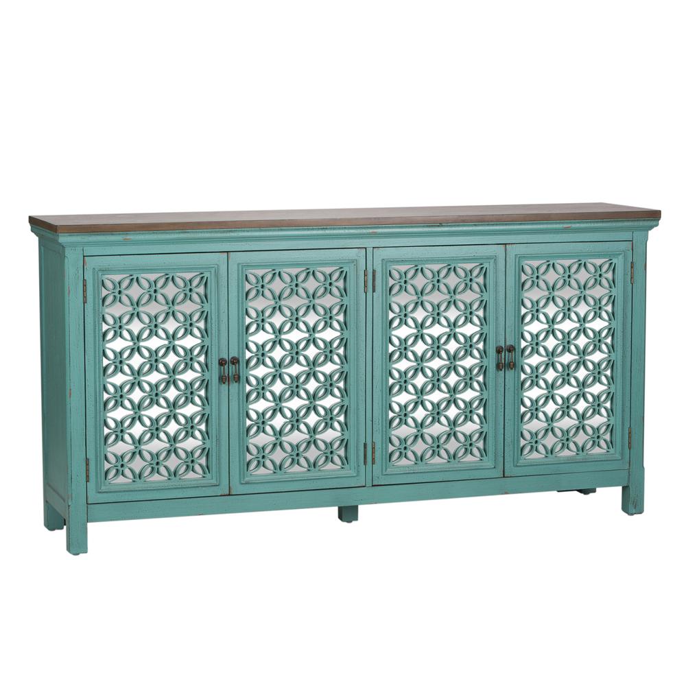Kensington 4 Door Accent Cabinet in Turquoise w/ Worn Wood Tone Top. Picture 1