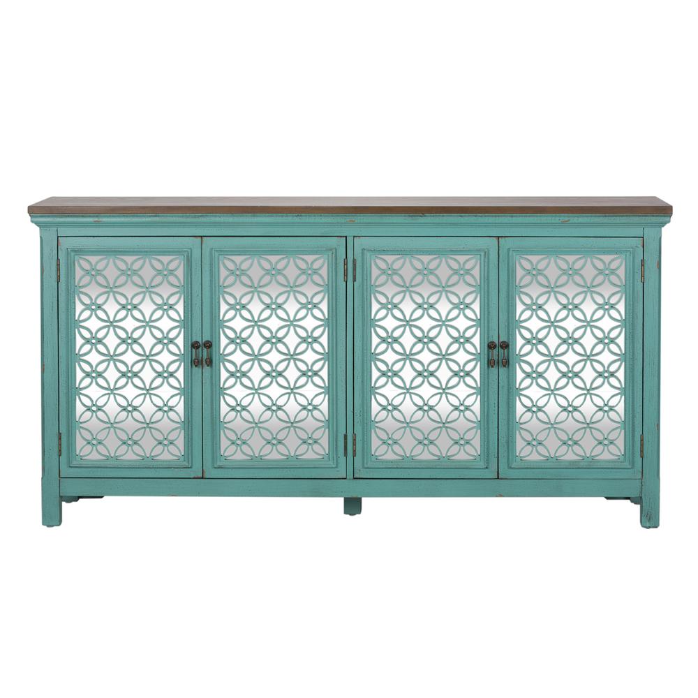 Kensington 4 Door Accent Cabinet in Turquoise w/ Worn Wood Tone Top. Picture 2