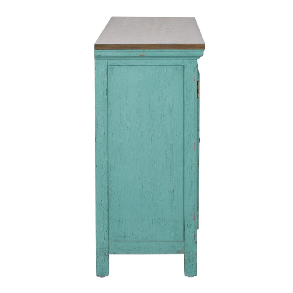 Kensington 4 Door Accent Cabinet in Turquoise w/ Worn Wood Tone Top. Picture 4