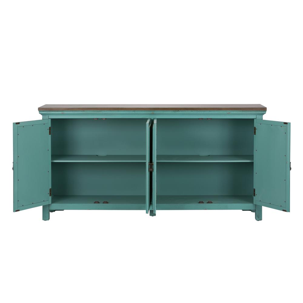 Kensington 4 Door Accent Cabinet in Turquoise w/ Worn Wood Tone Top. Picture 5
