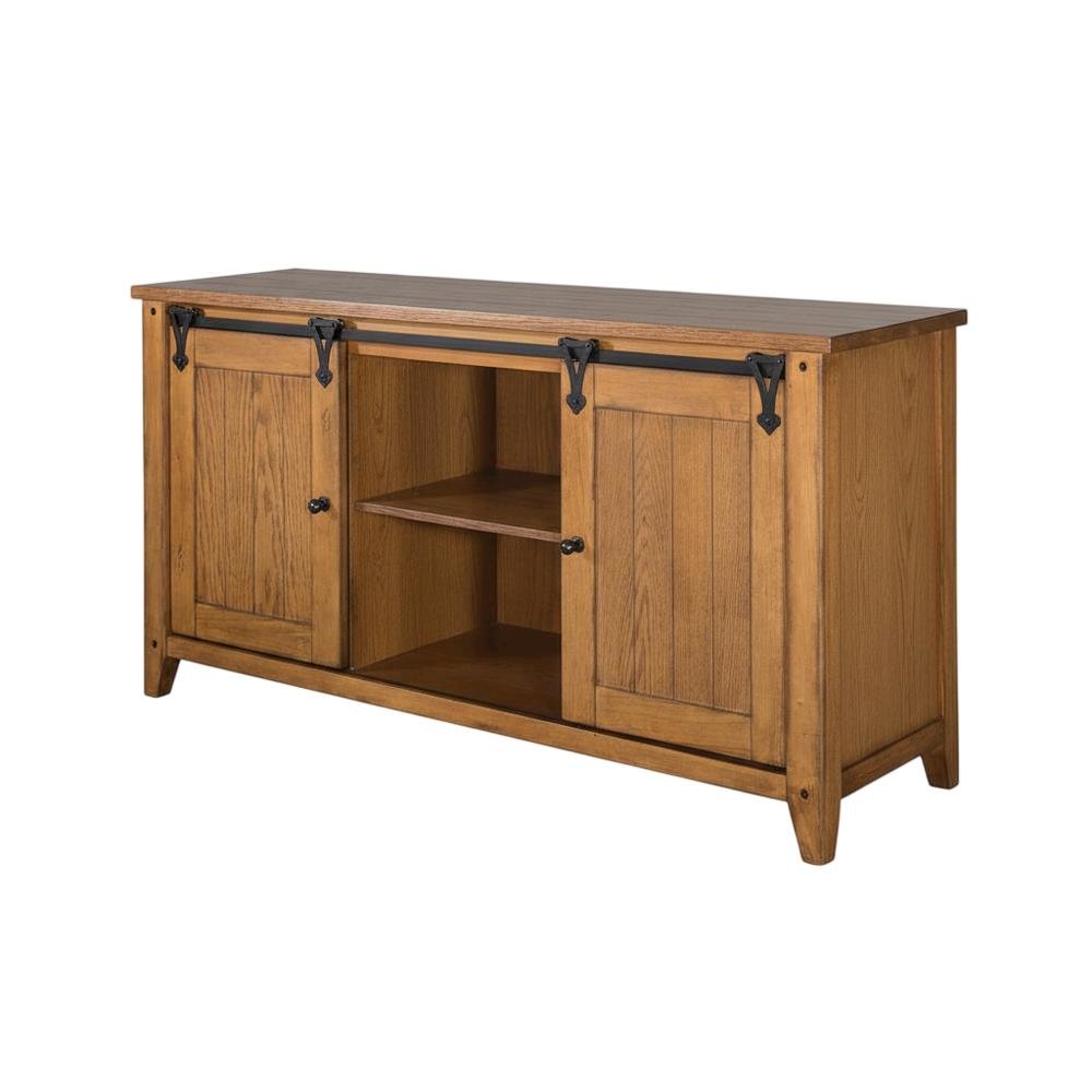 Rustic Oak TV Console with Solid and Manufactured Wood Construction. Picture 1