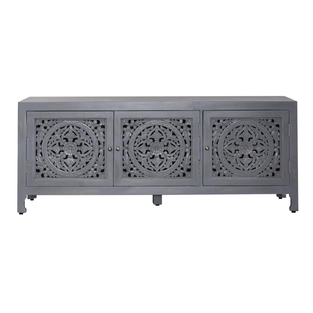Marisol 65 Inch 3 Door Accent TV Stand in Weathered Honey. Picture 2