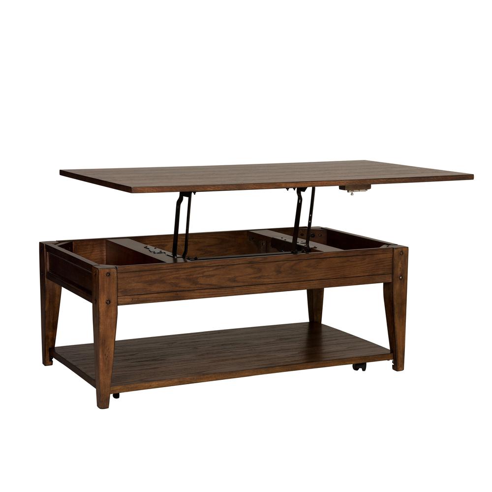 Lake House Lift Top Cocktail Table in Rustic Brown Oak. Picture 1