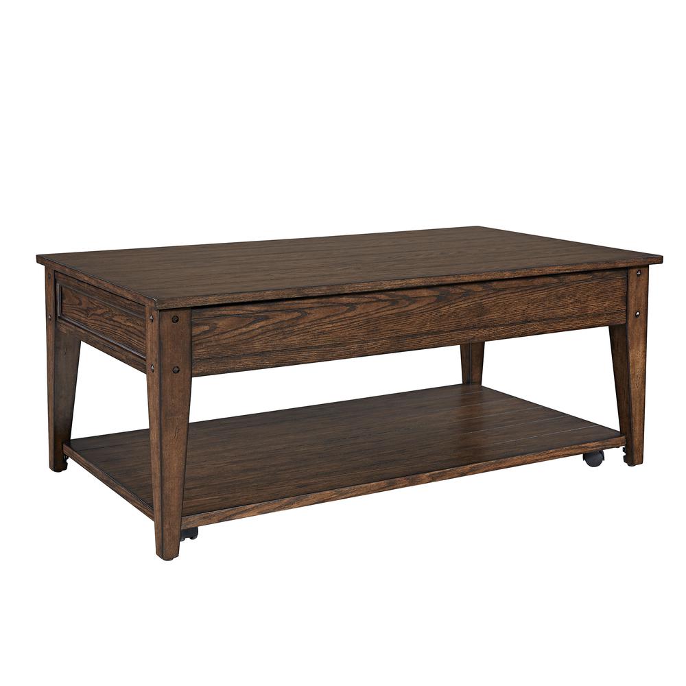 Lake House Lift Top Cocktail Table in Rustic Brown Oak. Picture 3