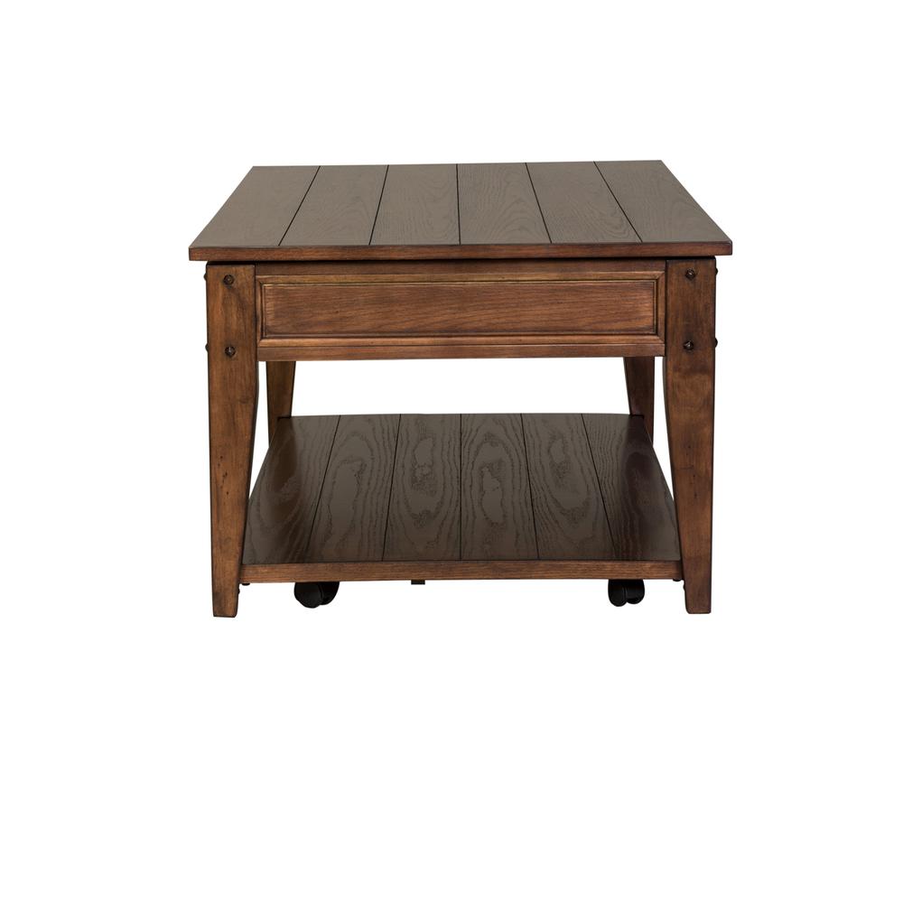 Lake House Lift Top Cocktail Table in Rustic Brown Oak. Picture 4