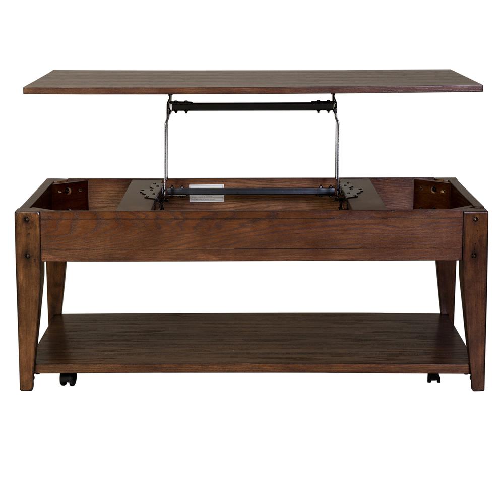 Lake House Lift Top Cocktail Table in Rustic Brown Oak. Picture 5