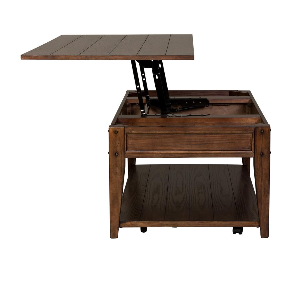 Lake House Lift Top Cocktail Table in Rustic Brown Oak. Picture 6