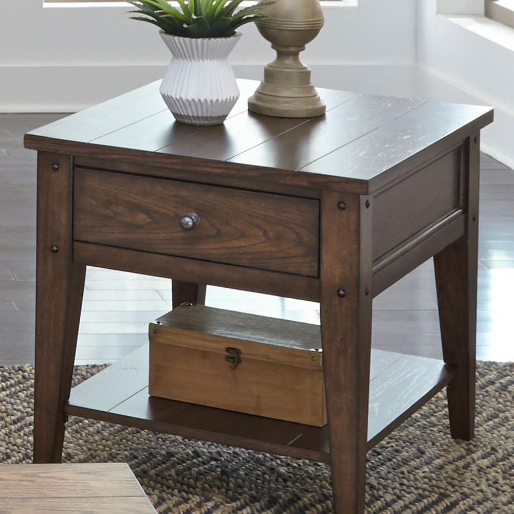 Lake House End Table in Rustic Brown Oak. Picture 6