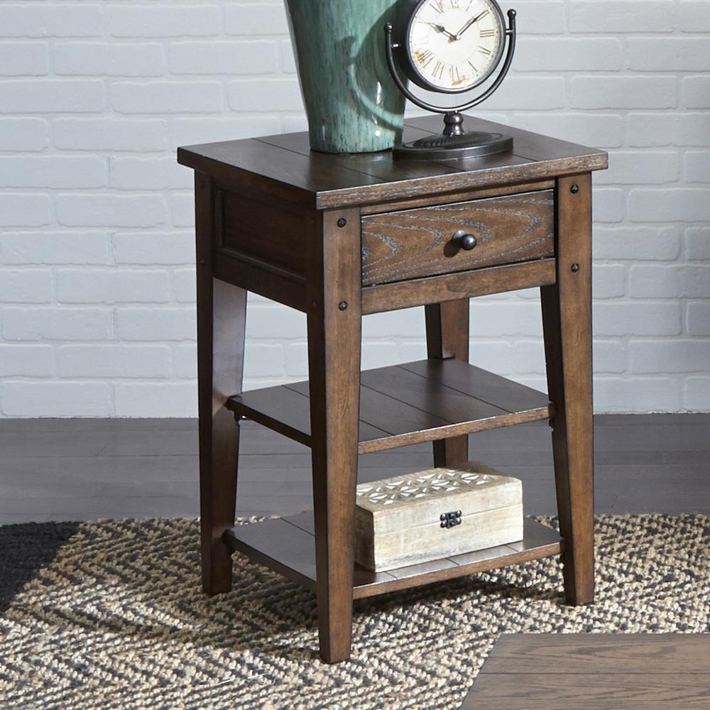 Lake House Chair Side Table in Rustic Brown Oak. Picture 2