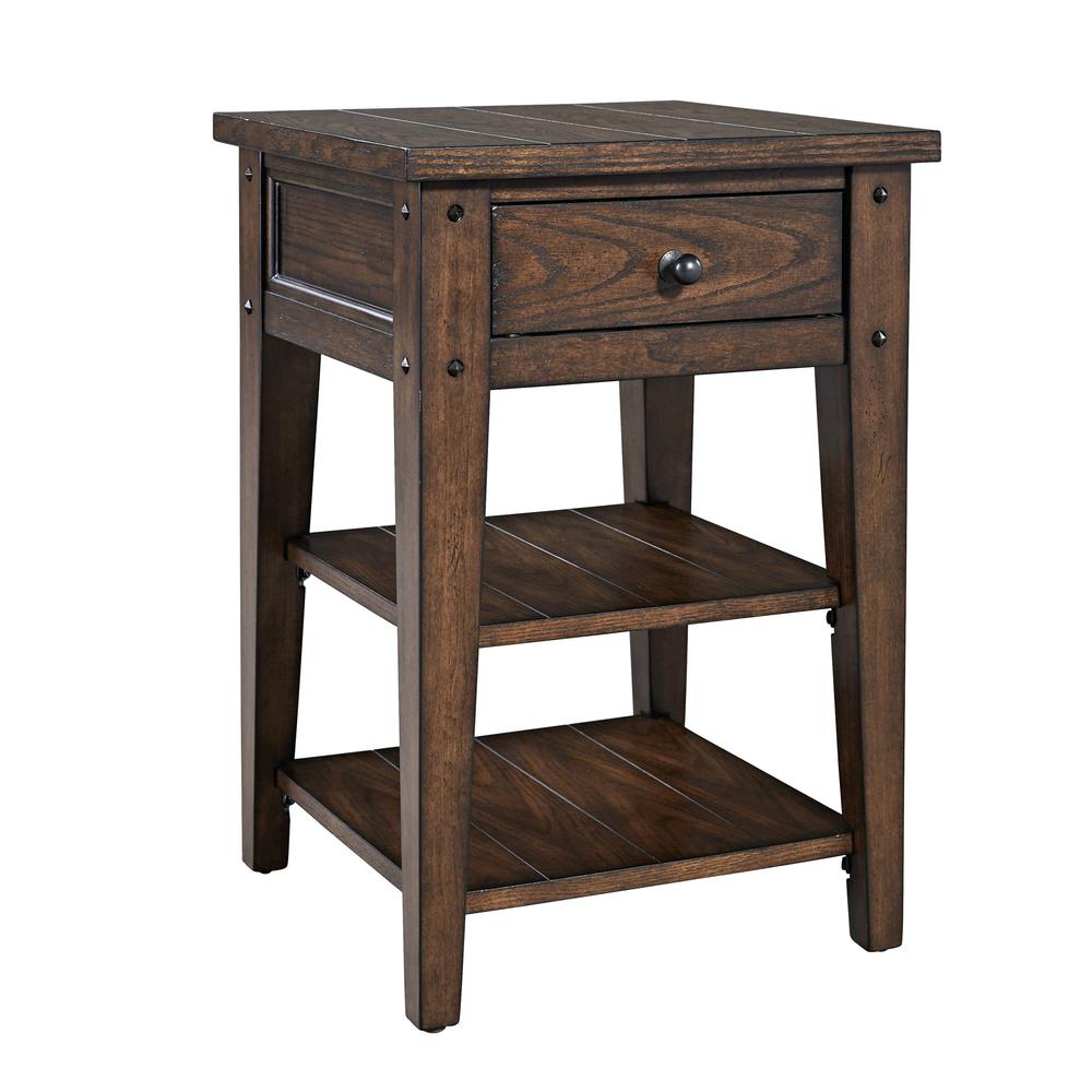 Lake House Chair Side Table in Rustic Brown Oak. Picture 1