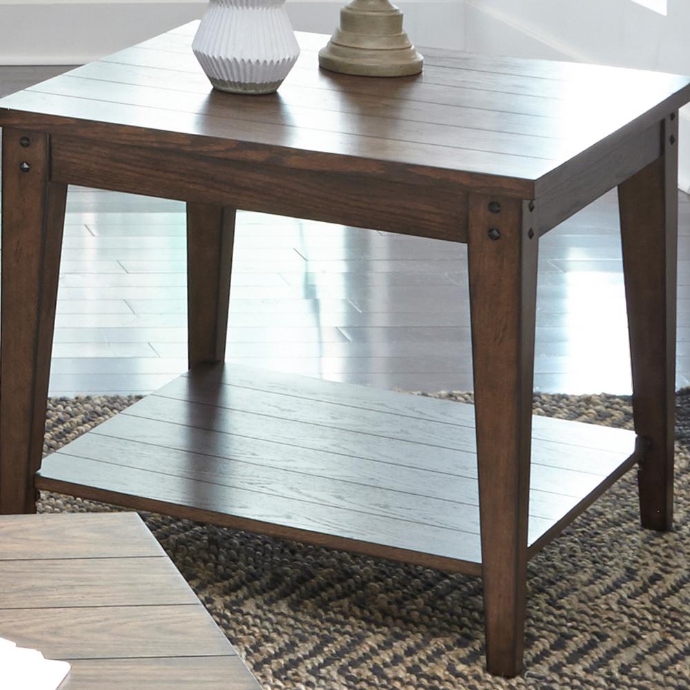 Lake House Square Lamp Table in Rustic Brown Oak. Picture 2