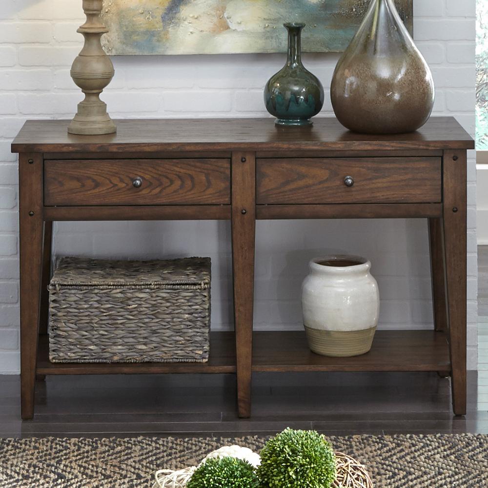 Lake House Sofa Table in Rustic Brown Oak. Picture 2