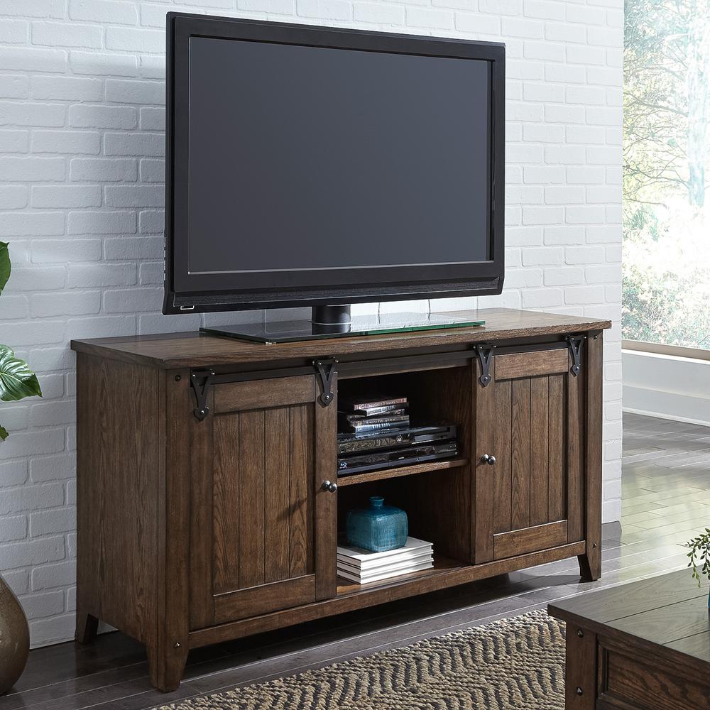 Lake House TV Console in Rustic Brown Oak. Picture 2