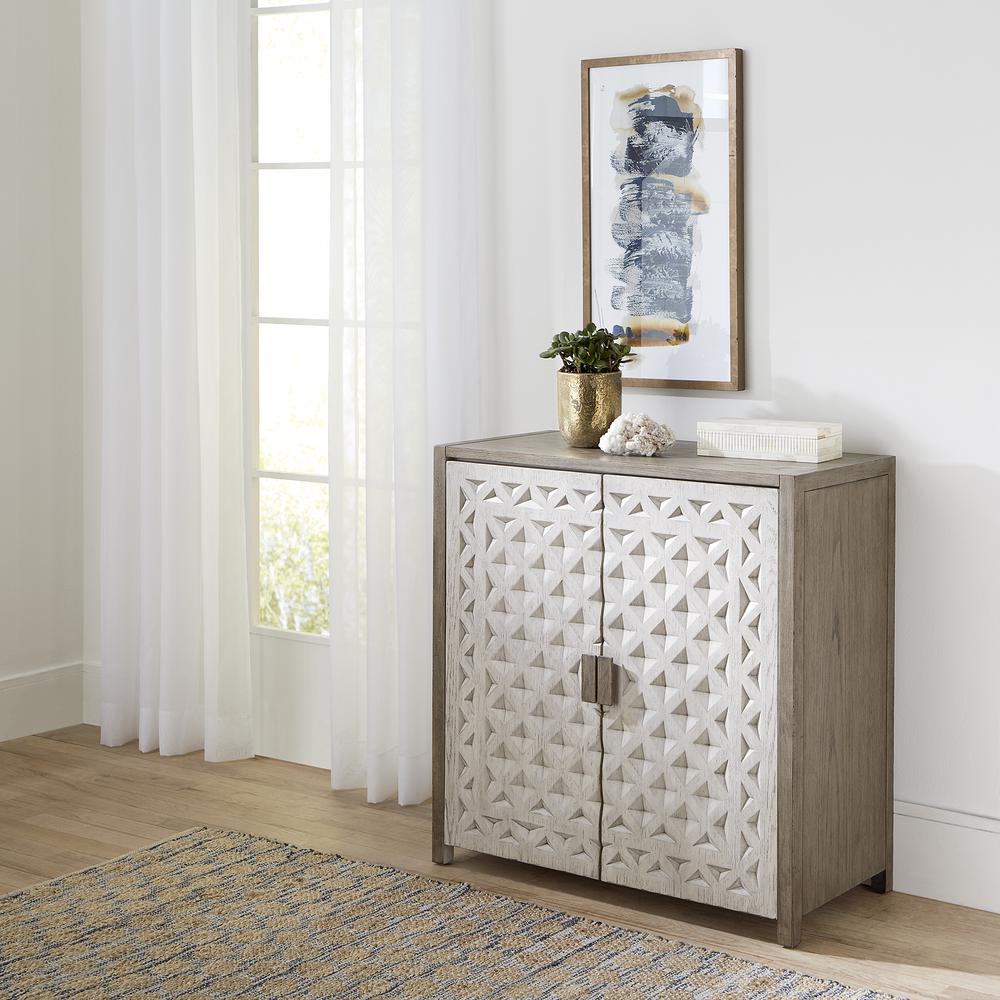 Accent Console Transitional White in Antique White Finish w/ Tobacco Tops. Picture 1
