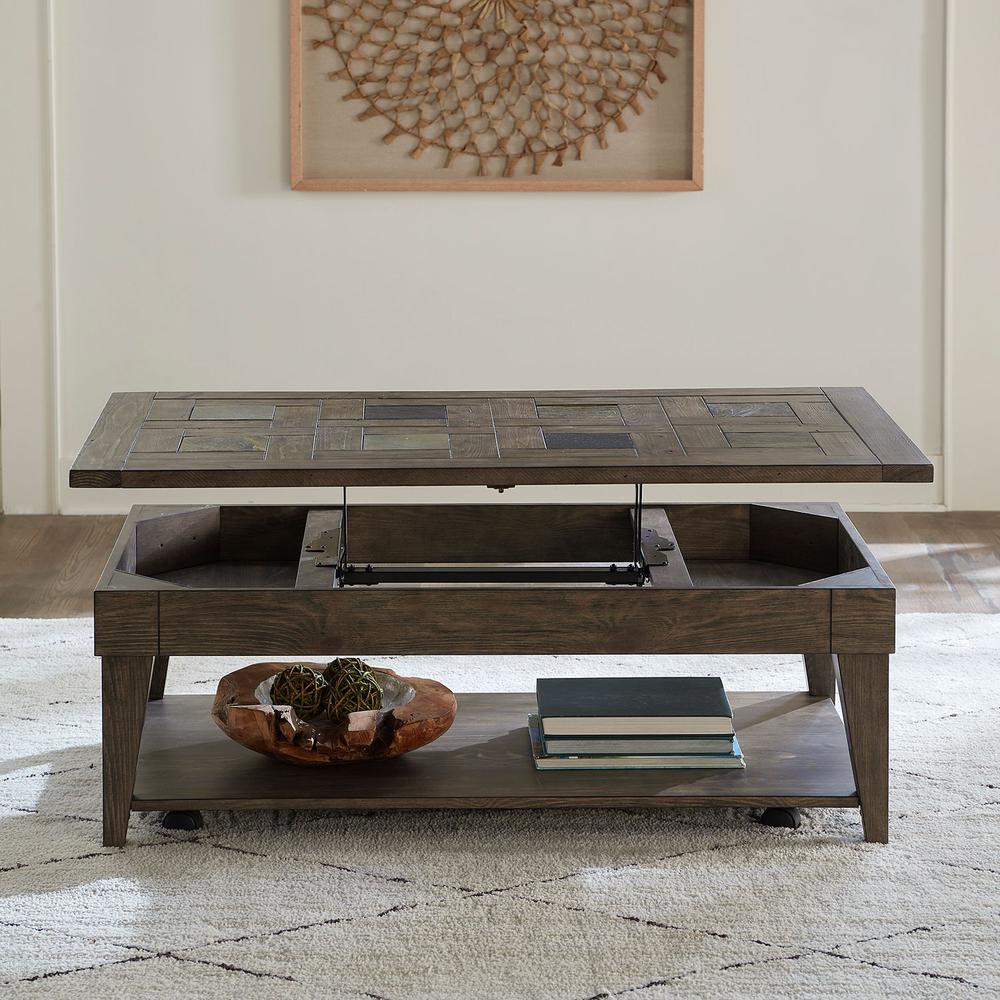 Arrowcreek Lift Top Cocktail Table in Weathered Stone. Picture 8