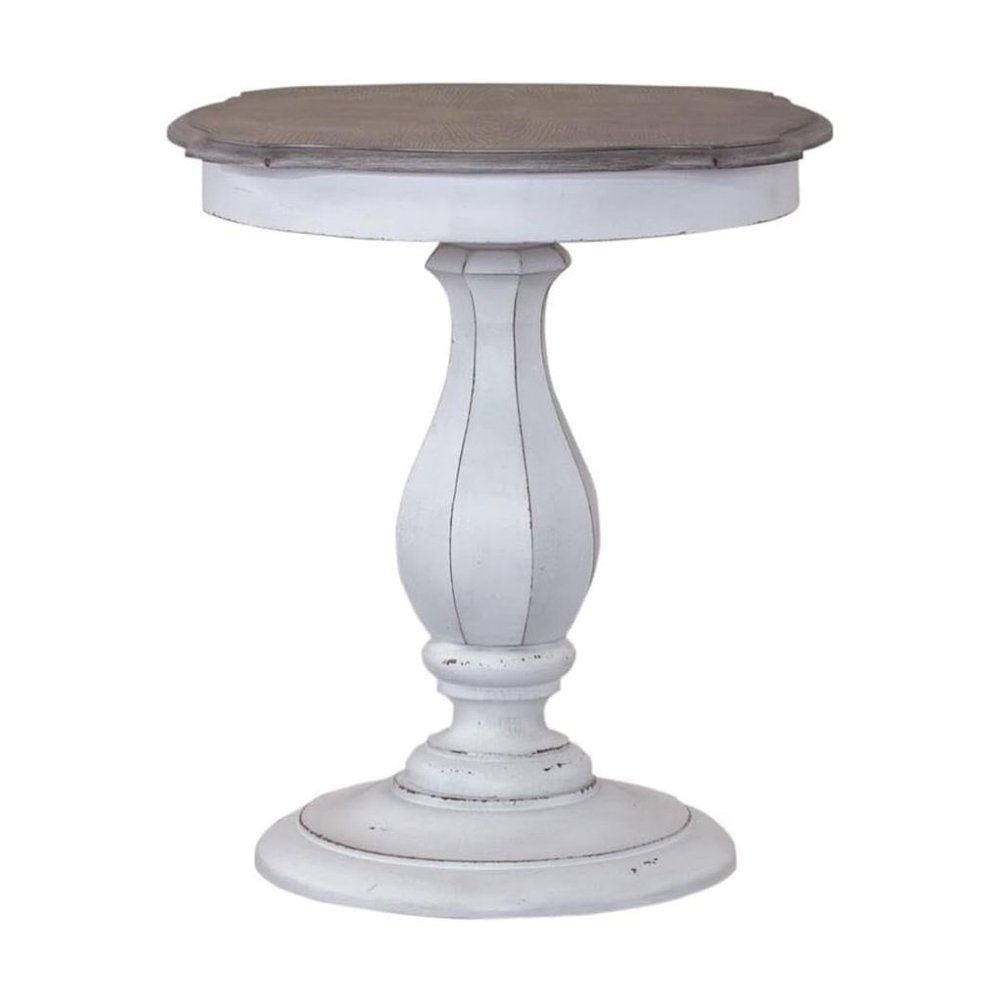 Antique White Accent Table with Round Top, Rustic Side Table Style. Picture 1