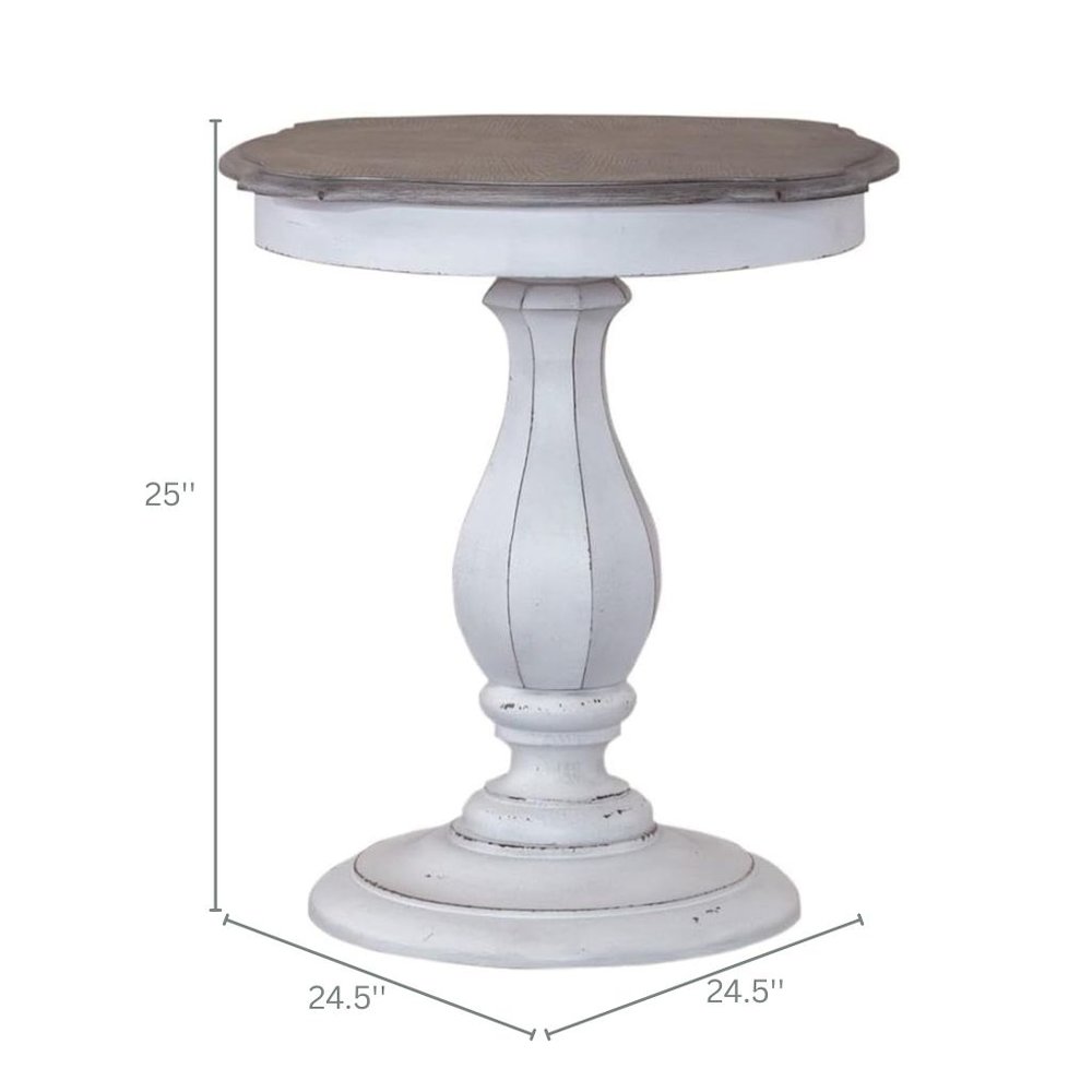 Antique White Accent Table with Round Top, Rustic Side Table Style. Picture 10