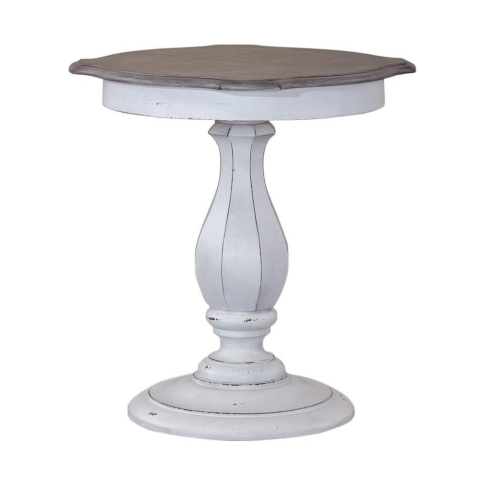 Antique White Accent Table with Round Top, Rustic Side Table Style. Picture 4
