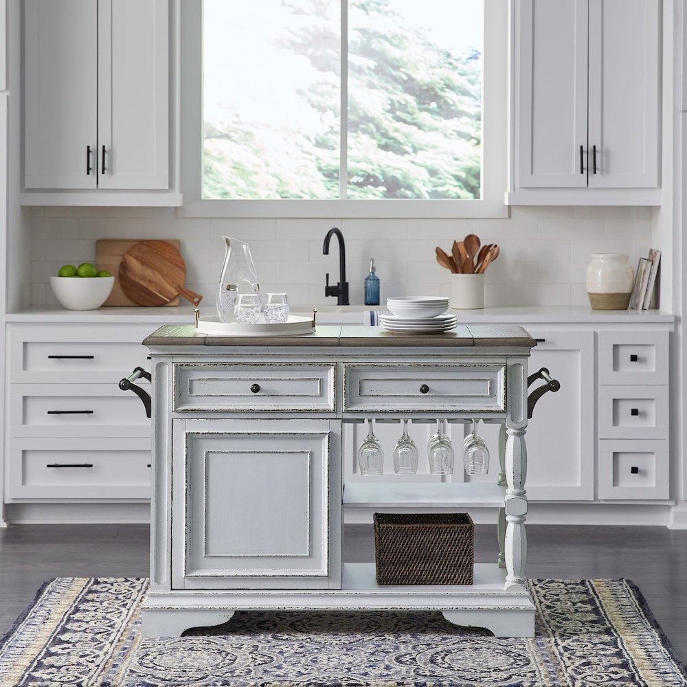 Bar Cart European Home Kitchen Island with Flip Top - Antique White Oak Wood. Picture 2