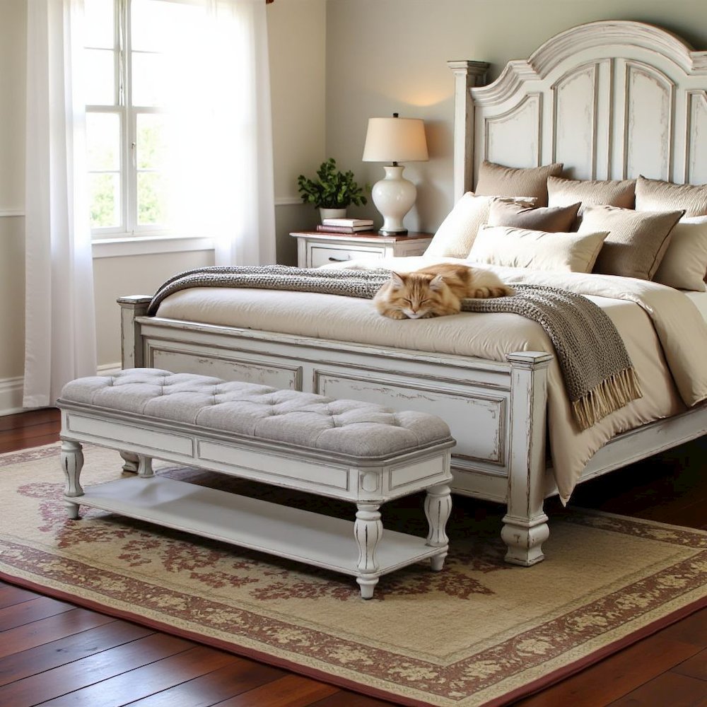 White Antique Bedroom Bench With Storage Shelf, End of Bed Accent Seat. Picture 2