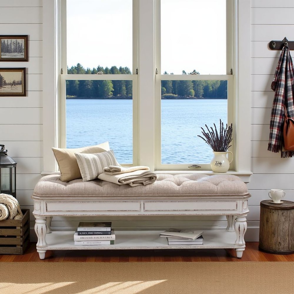 White Antique Bedroom Bench With Storage Shelf, End of Bed Accent Seat. Picture 3