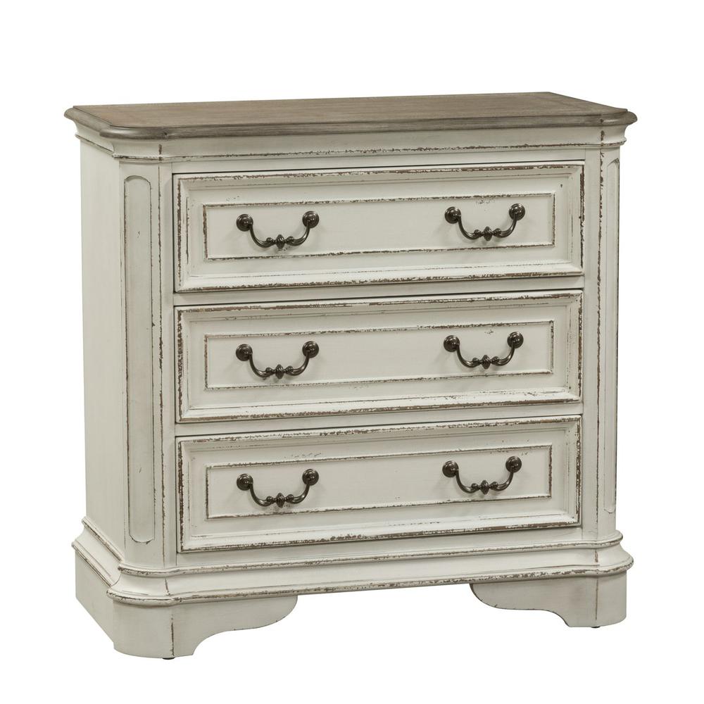 Magnolia Manor 3 Drawer Bedside Chest w/ Charging Station in Antique White. Picture 1