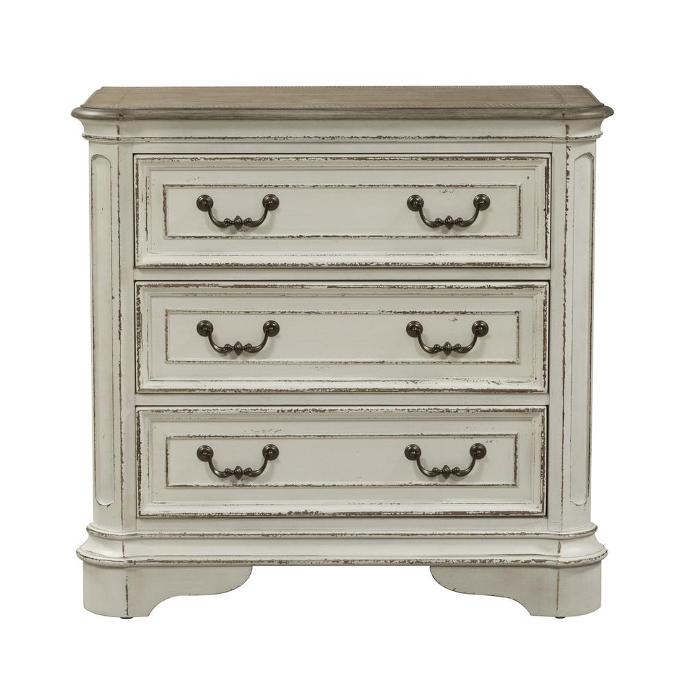 Magnolia Manor 3 Drawer Bedside Chest w/ Charging Station in Antique White. Picture 2