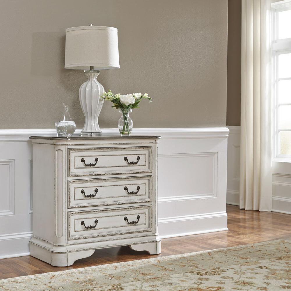 Magnolia Manor 3 Drawer Bedside Chest w/ Charging Station in Antique White. Picture 8