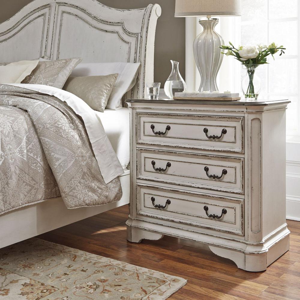 Magnolia Manor 3 Drawer Bedside Chest w/ Charging Station in Antique White. Picture 9