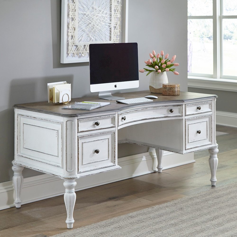 Writing Desk with 5 Drawers European Home Office - Antique White & Bark Oak Wood. Picture 2