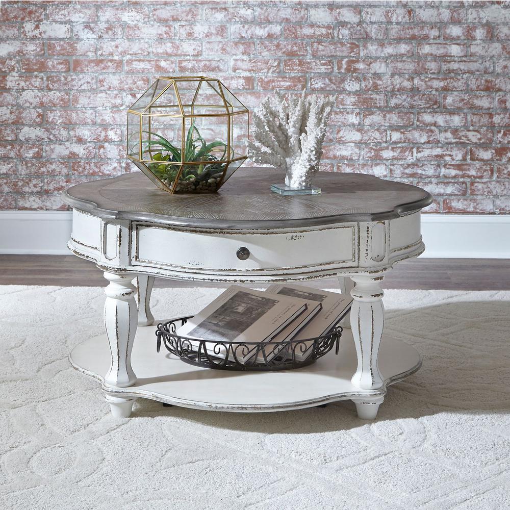 Magnolia Manor Round Cocktail Table in Antique White. Picture 7