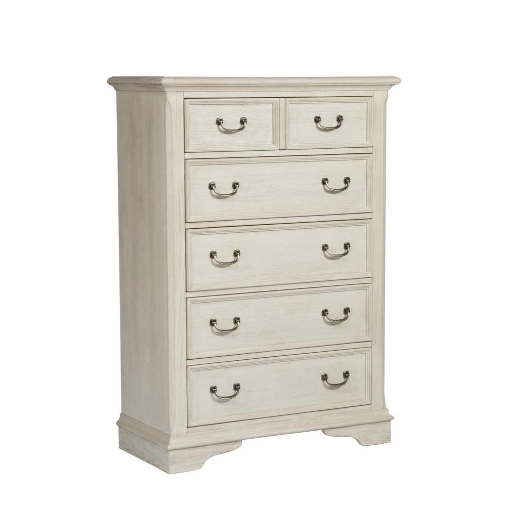 Bayside 5 Drawer Chest in Antique White w/ Heavy Wirebrush. Picture 1