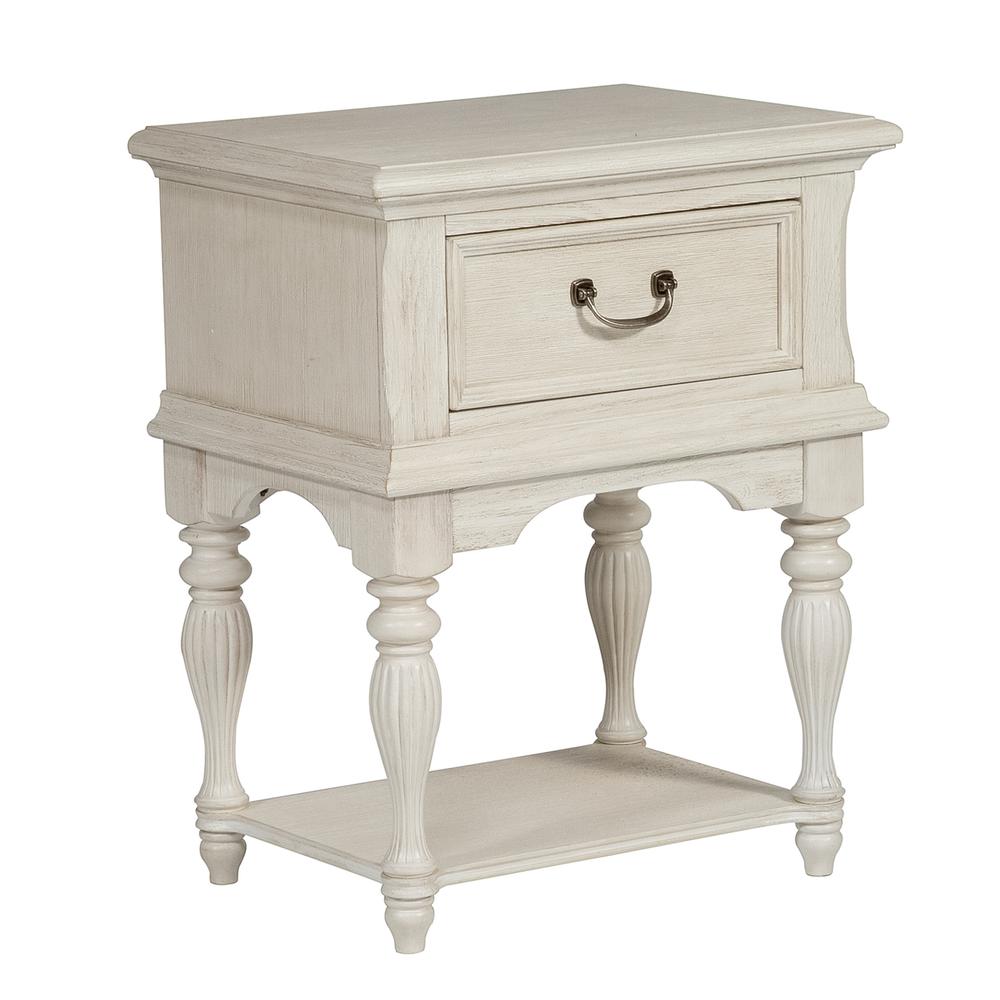 Bayside Leg Night Stand in Antique White w/ Heavy Wirebrush. Picture 1