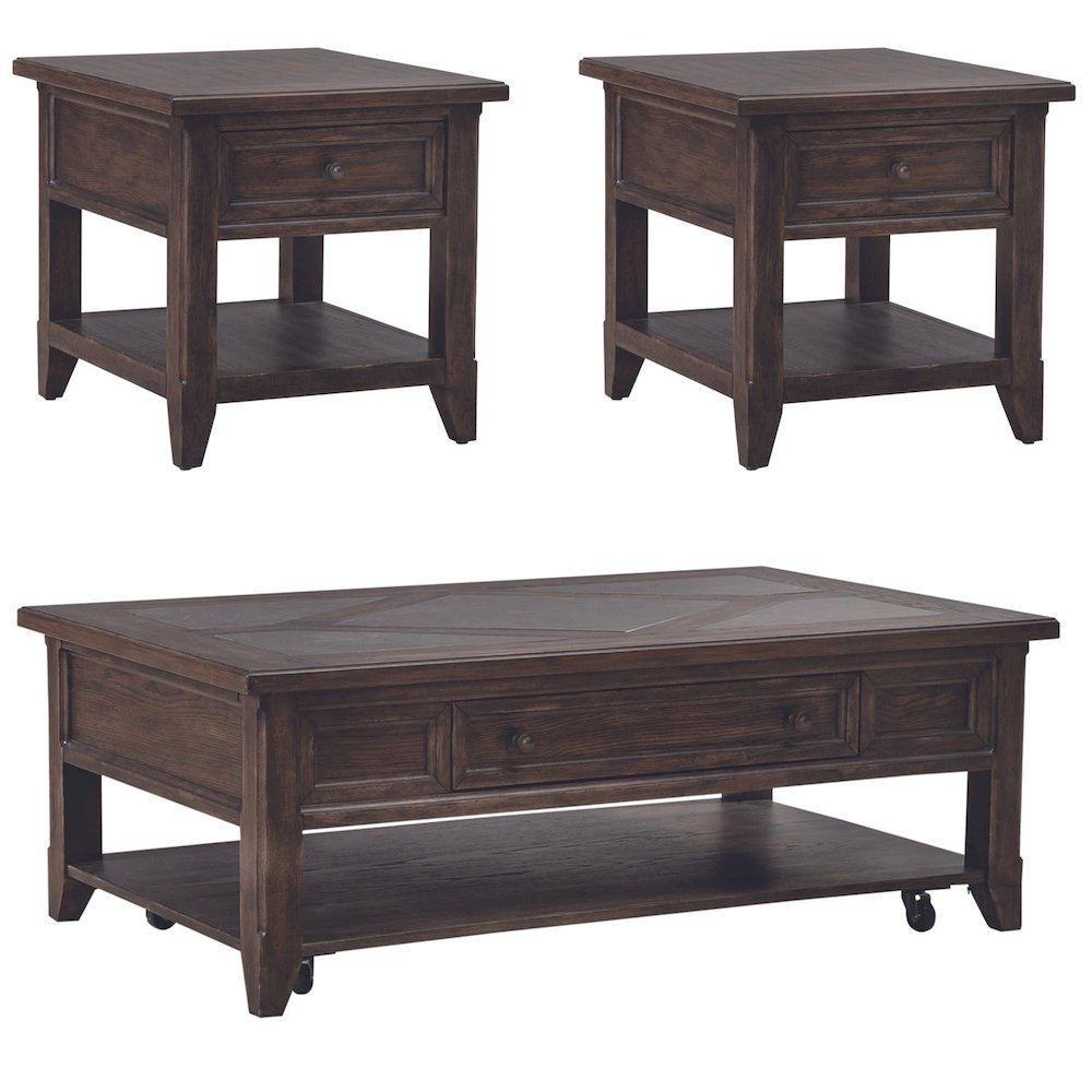 3 Pc Living Room Set - Stone Top Cocktail Table, 2 End Tables - Brown Oak Wood. Picture 1