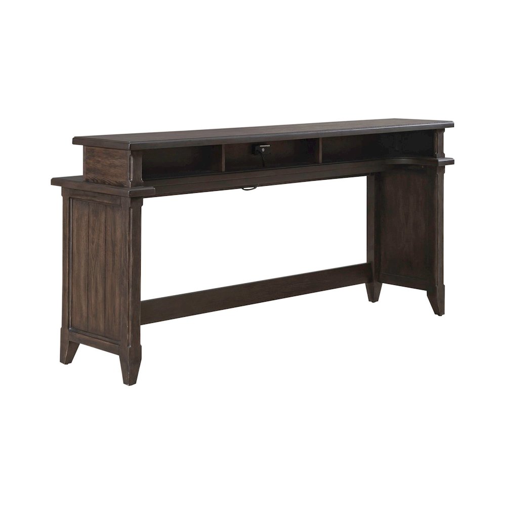 Console Bar Table Traditional - AC USB Charging Station - Saddle Brown Oak Wood. Picture 1