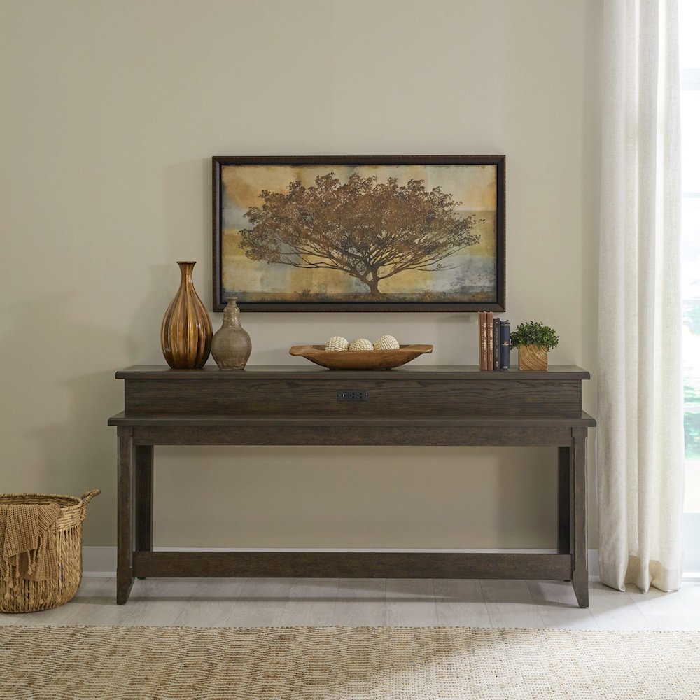 Console Bar Table Traditional - AC USB Charging Station - Saddle Brown Oak Wood. Picture 2