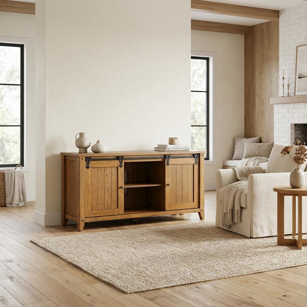 Rustic Oak TV Console with Solid and Manufactured Wood Construction. Picture 3