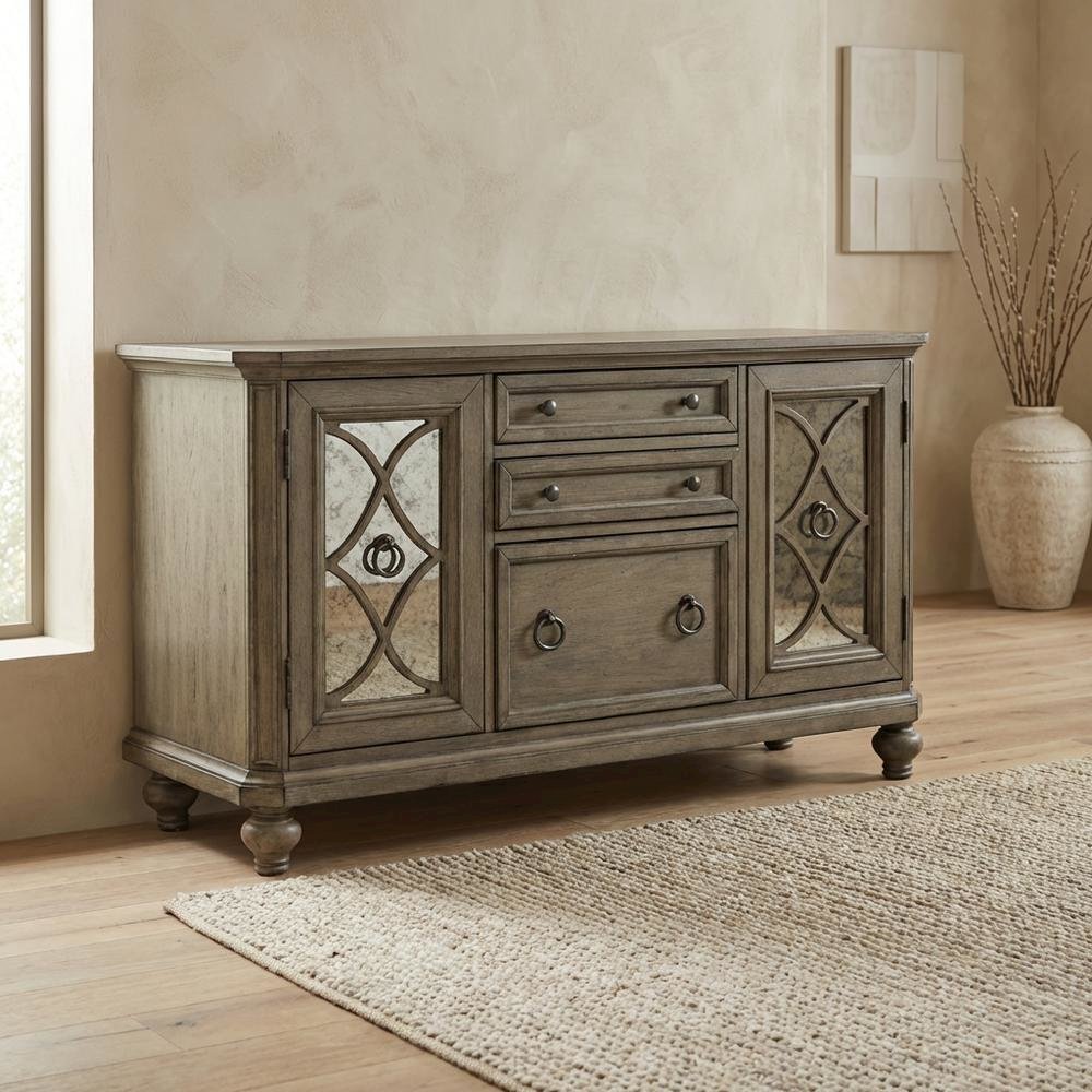 Rustic Credenza in Heathered Taupe with Storage and Wooden Finish. Picture 3
