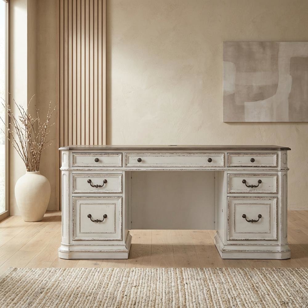 Antique White Credenza with Weathered Finish and Rubberwood Construction. Picture 3