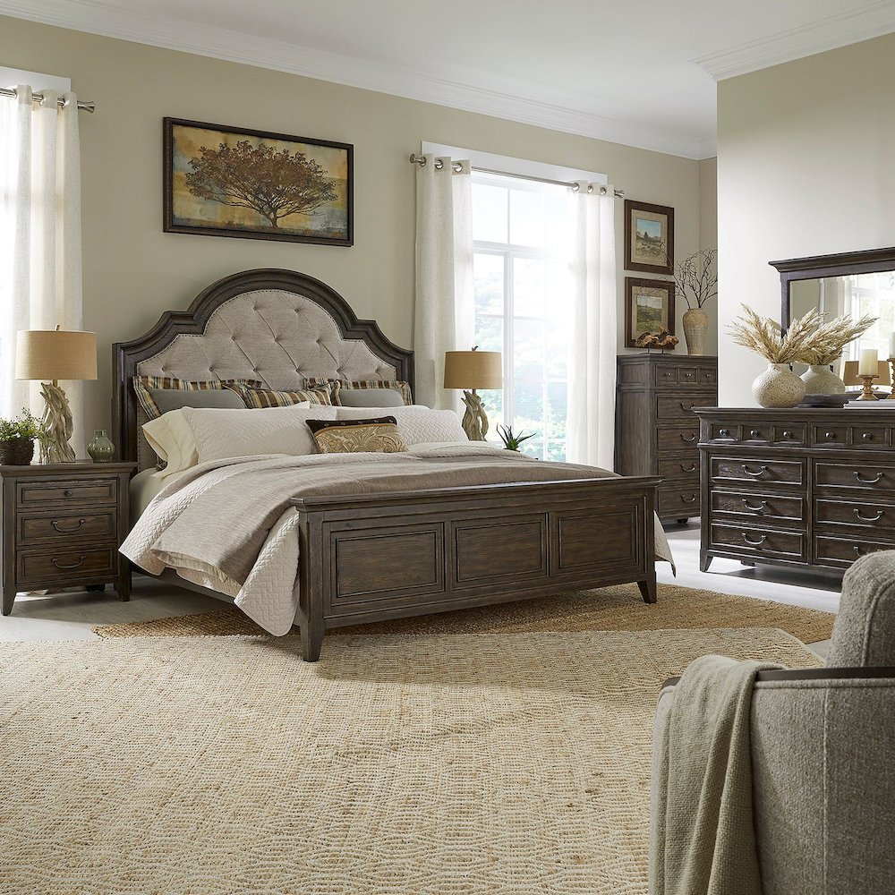 King Upholstered Bed, Dresser & Mirror, Chest, Night Stand - Saddle Brown. Picture 1